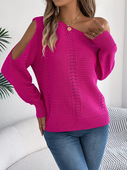 Openwork One Shoulder Cutout Long Sleeve Sweater - Goddess Vibes