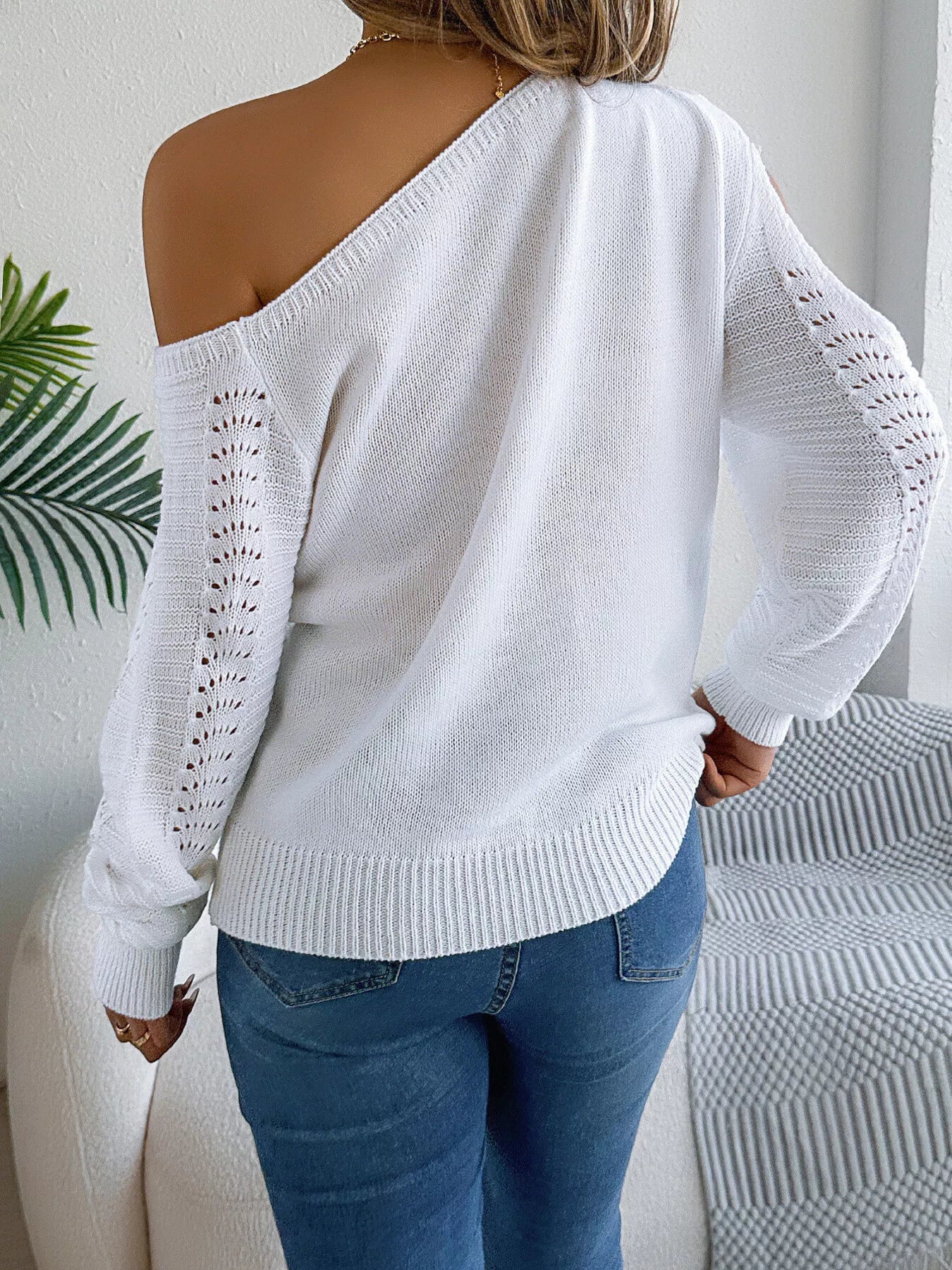 Openwork One Shoulder Cutout Long Sleeve Sweater - Goddess Vibes
