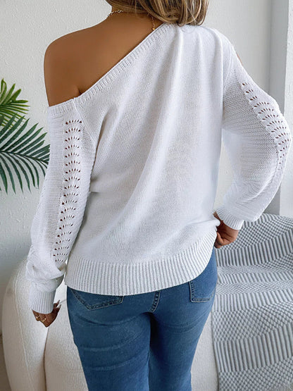 Openwork One Shoulder Cutout Long Sleeve Sweater - Goddess Vibes