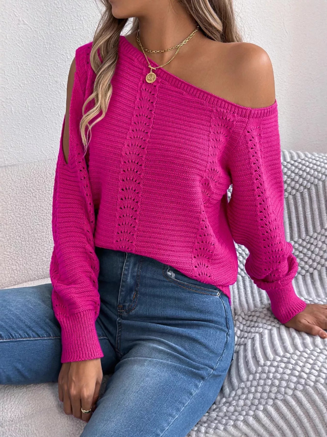 Openwork One Shoulder Cutout Long Sleeve Sweater - Goddess Vibes