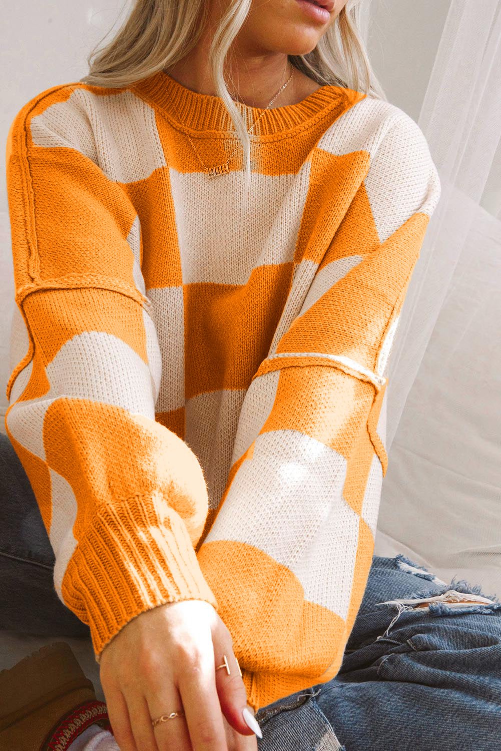Orange Checkered Bishop Sleeve Sweater - Goddess Vibes
