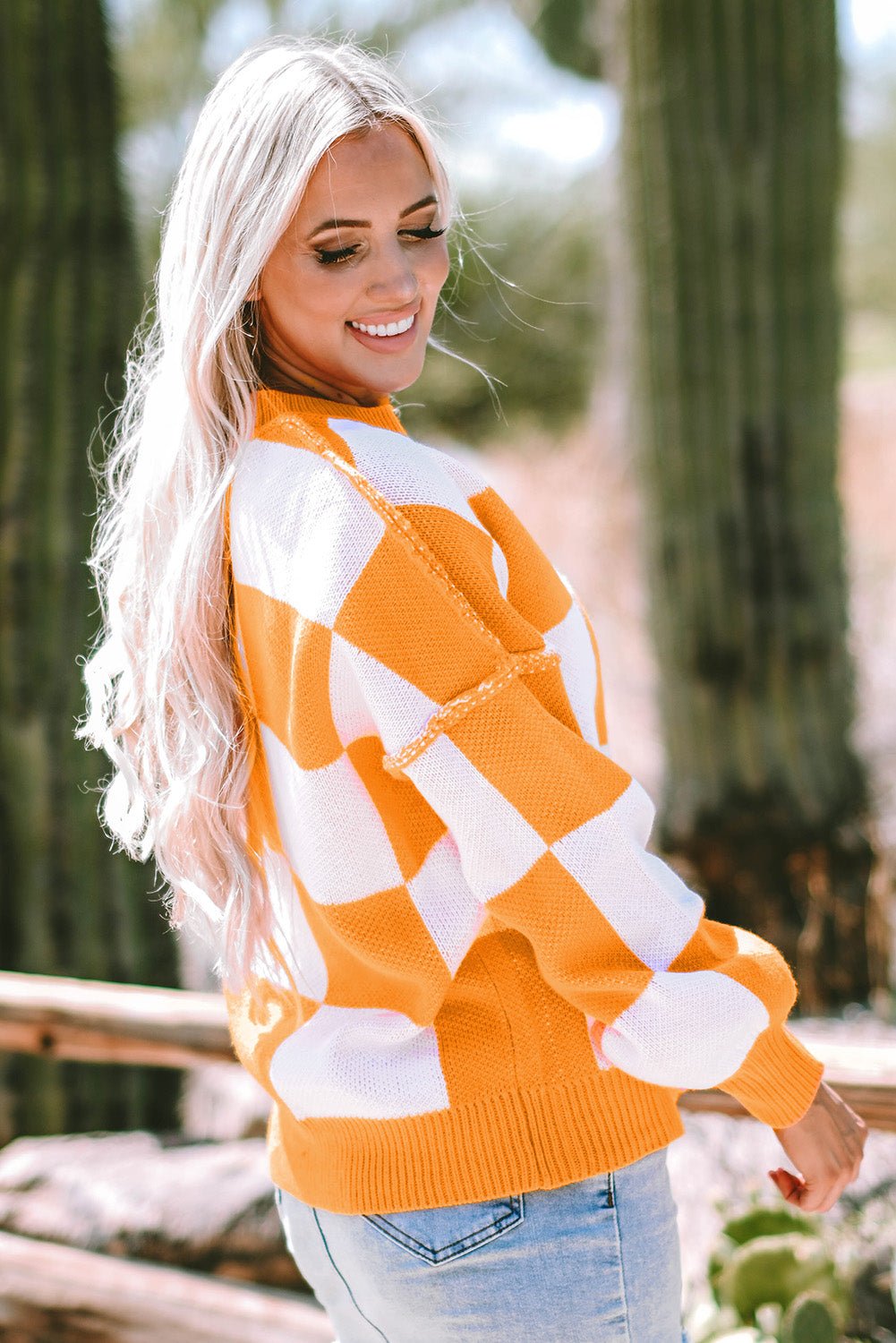 Orange Checkered Bishop Sleeve Sweater - Goddess Vibes