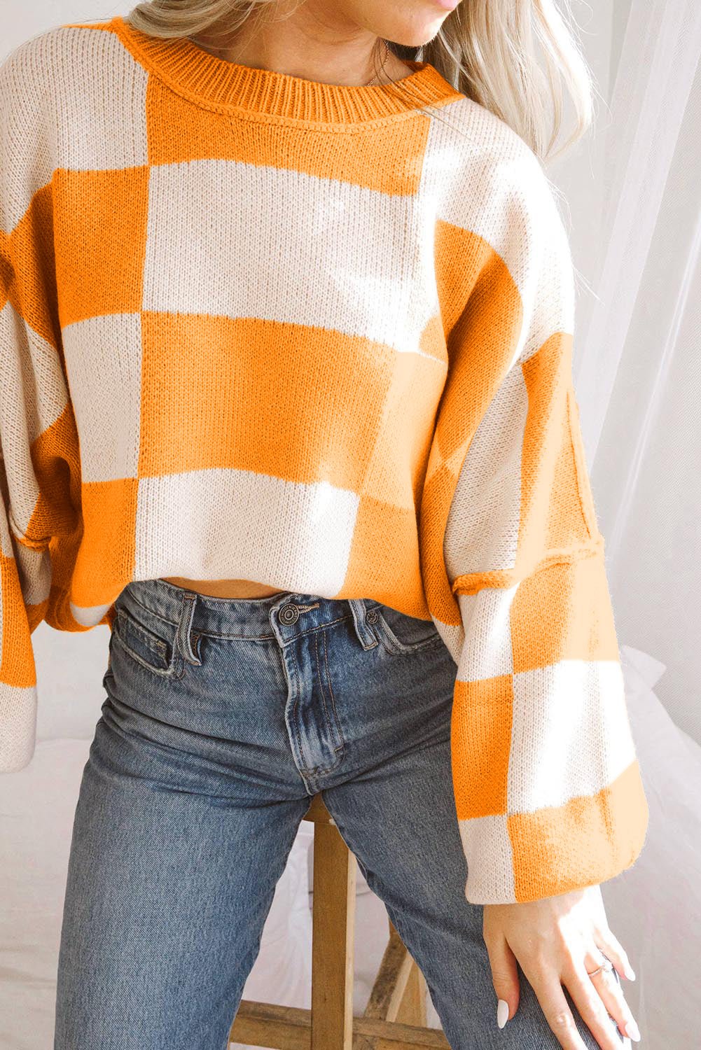Orange Checkered Bishop Sleeve Sweater - Goddess Vibes