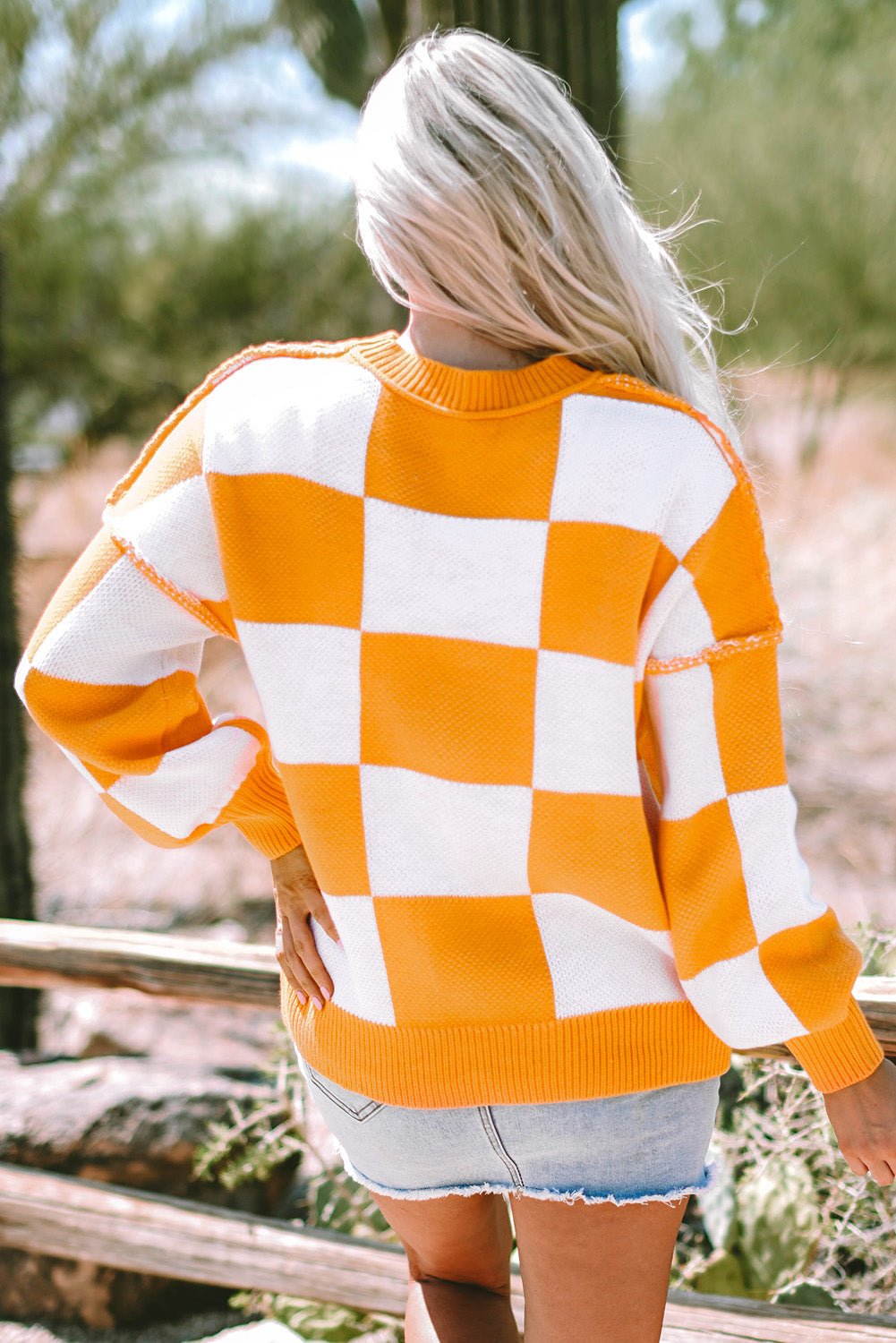 Orange Checkered Bishop Sleeve Sweater - Goddess Vibes
