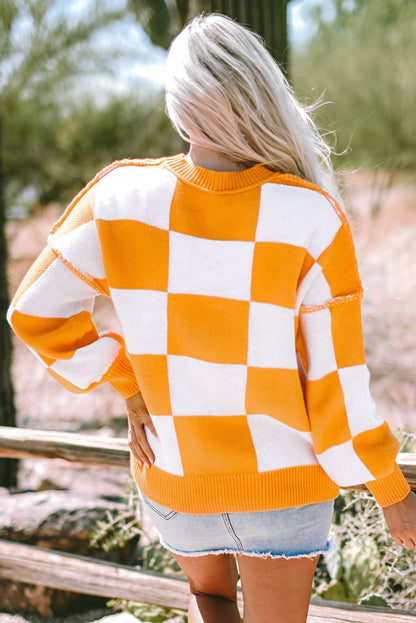 Orange Checkered Bishop Sleeve Sweater - Goddess Vibes