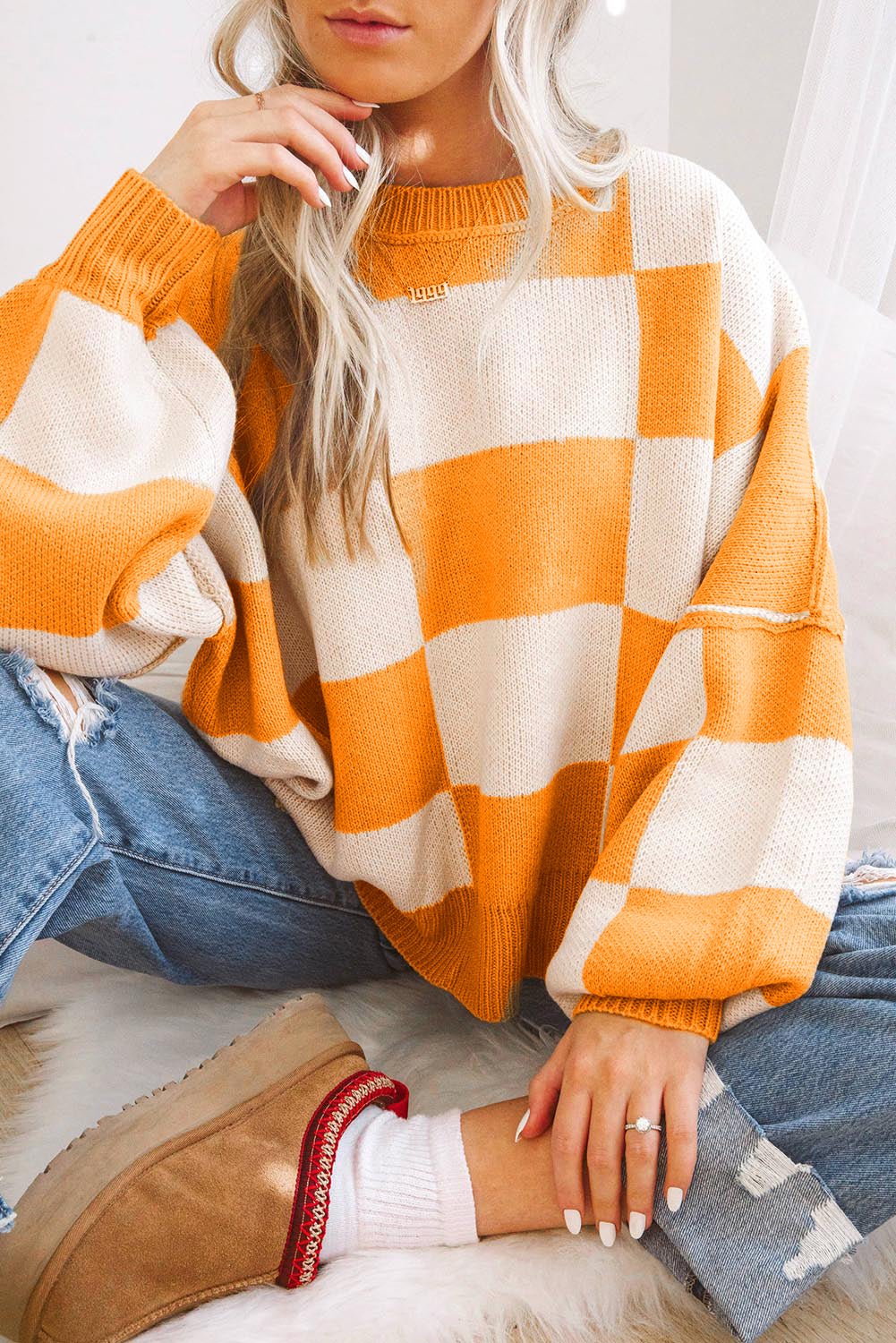 Orange Checkered Bishop Sleeve Sweater - Goddess Vibes