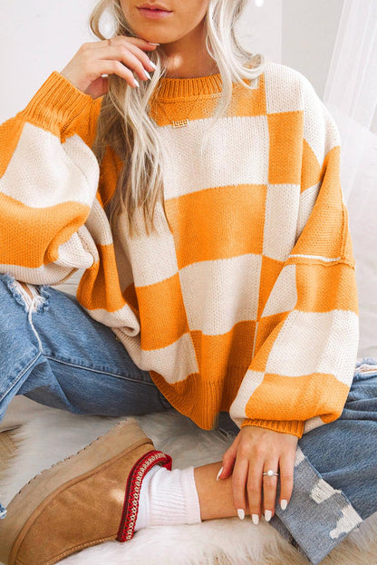 Orange Checkered Bishop Sleeve Sweater - Goddess Vibes