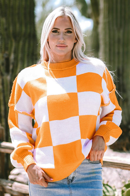 Orange Checkered Bishop Sleeve Sweater - Goddess Vibes