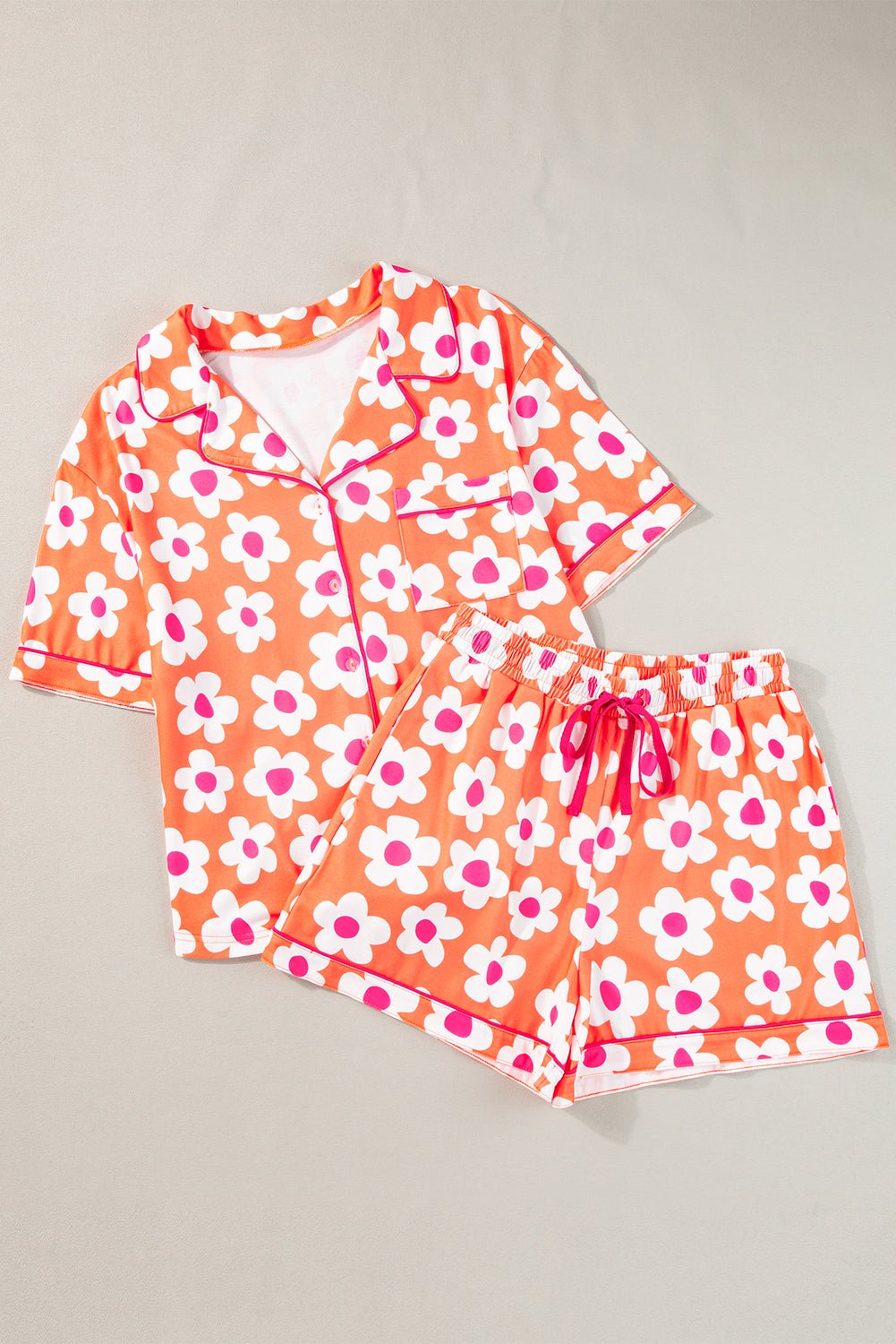 Orange Flower Print Short Sleeve Shirt Pajamas Set - Goddess Vibes