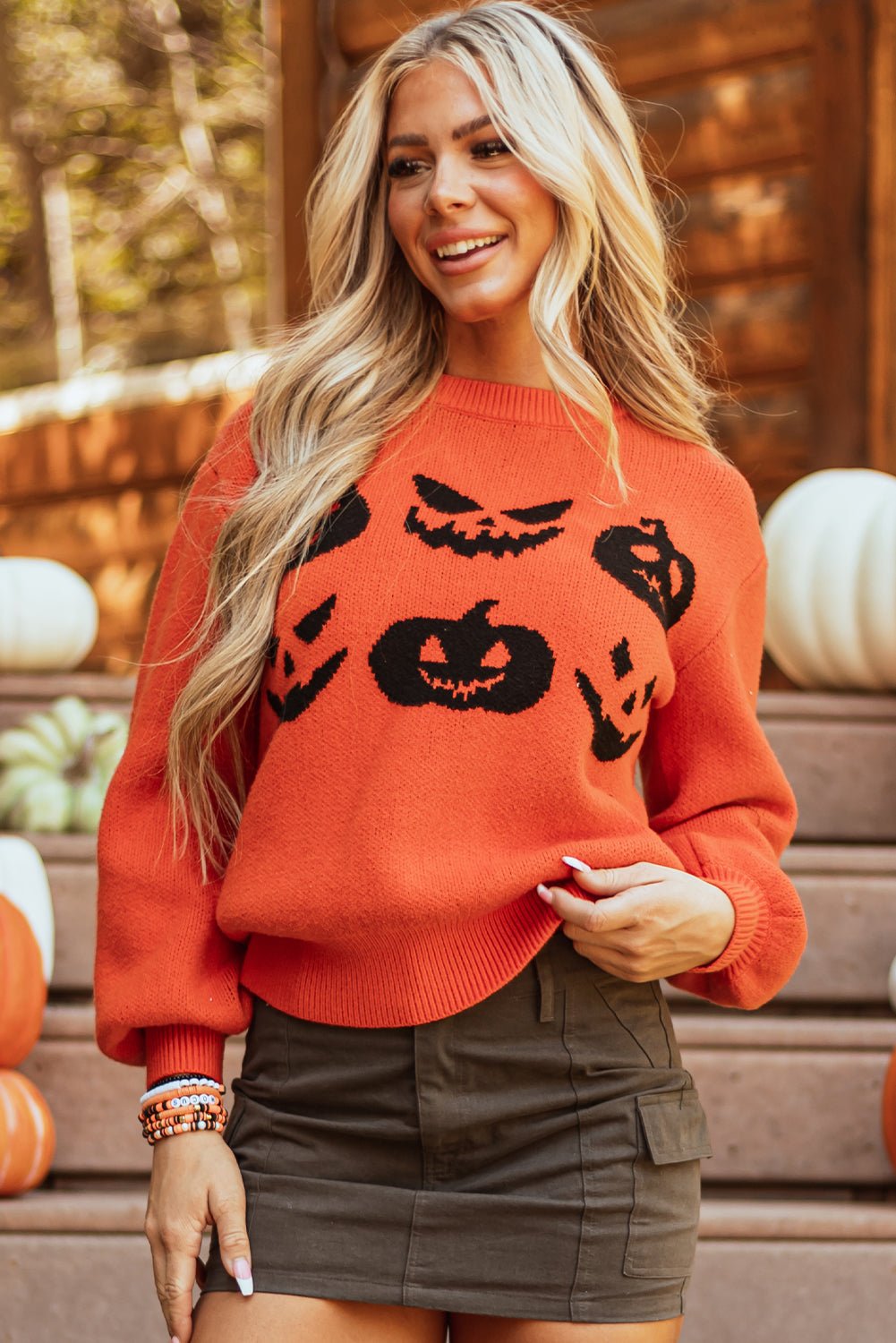 Orange Halloween Pumpkin Face Pattern Drop Shoulder Sweater - Goddess Vibes