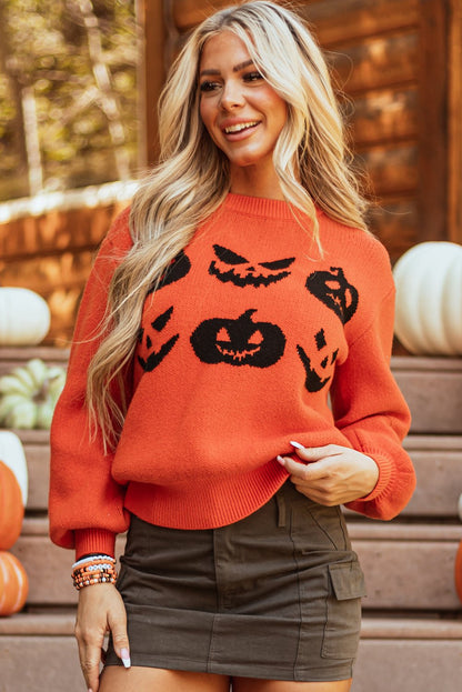 Orange Halloween Pumpkin Face Pattern Drop Shoulder Sweater - Goddess Vibes