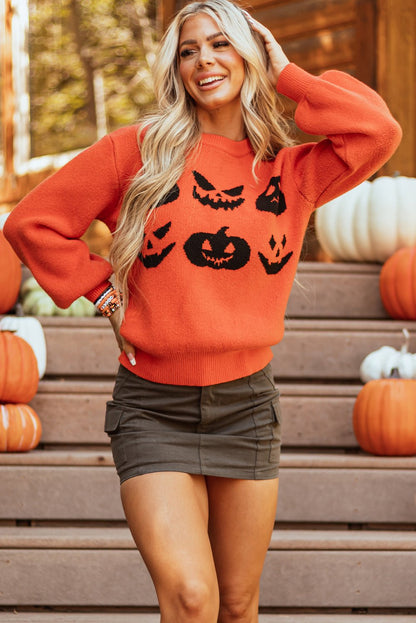 Orange Halloween Pumpkin Face Pattern Drop Shoulder Sweater - Goddess Vibes