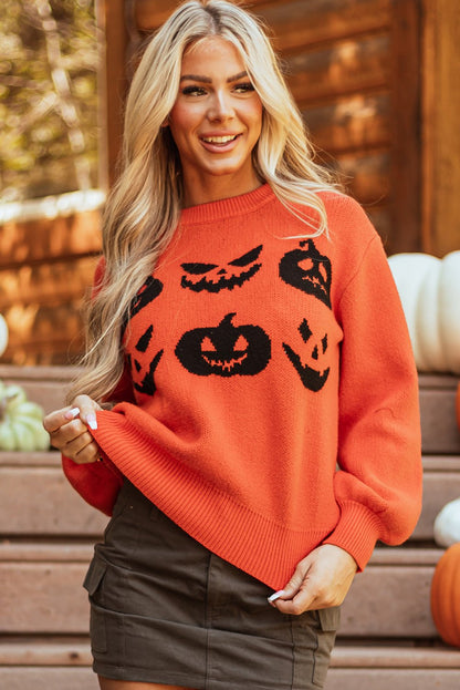 Orange Halloween Pumpkin Face Pattern Drop Shoulder Sweater - Goddess Vibes
