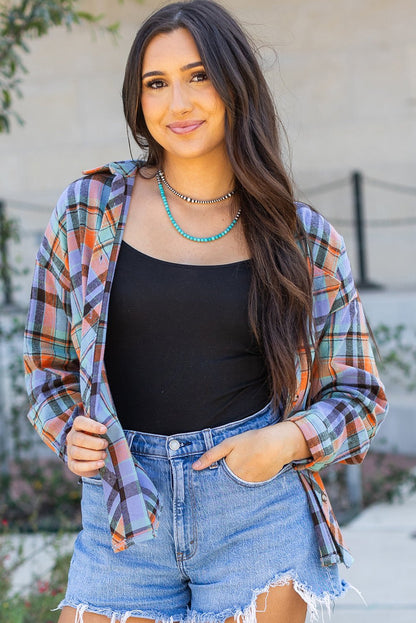 Orange Plaid Print Loose Vintage Shirt - Goddess Vibes