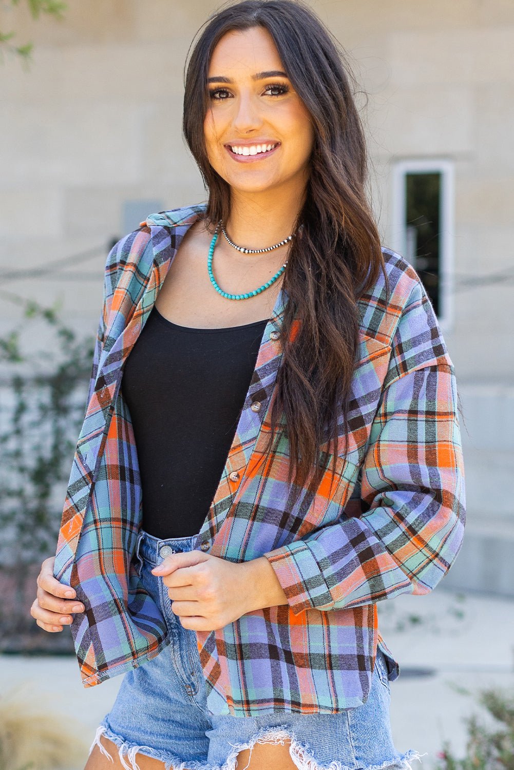 Orange Plaid Print Loose Vintage Shirt - Goddess Vibes