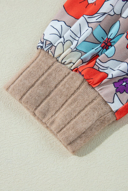 Parchment Floral Patchwork Long Sleeve Ribbed Blouse - Goddess Vibes