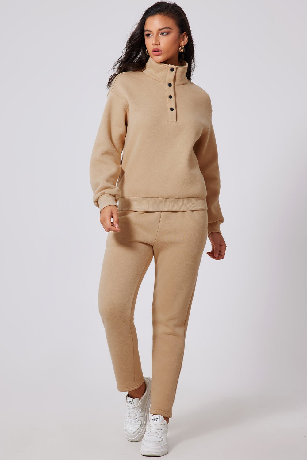 Parchment Solid Half Button Sweatshirt and High Waist Sweatpants Set - Goddess Vibes