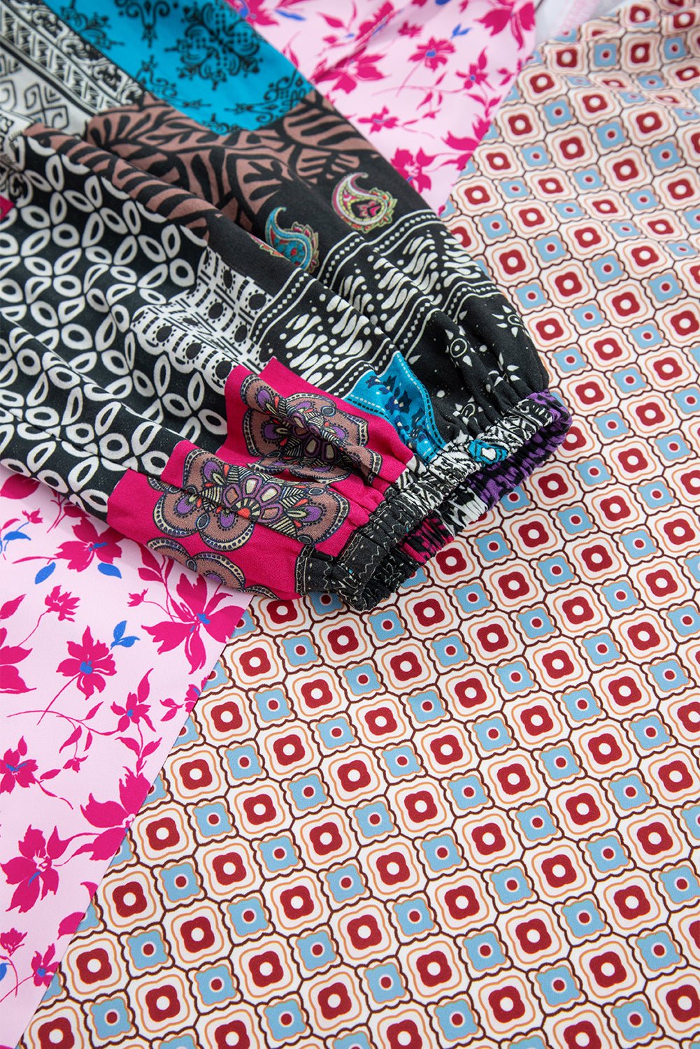 Pink Boho Mixed Floral Drop Shoulder Bubble Sleeve Blouse - Goddess Vibes