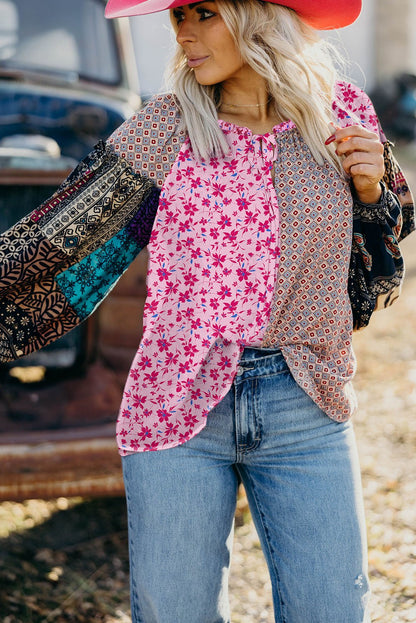 Pink Boho Mixed Floral Drop Shoulder Bubble Sleeve Blouse - Goddess Vibes