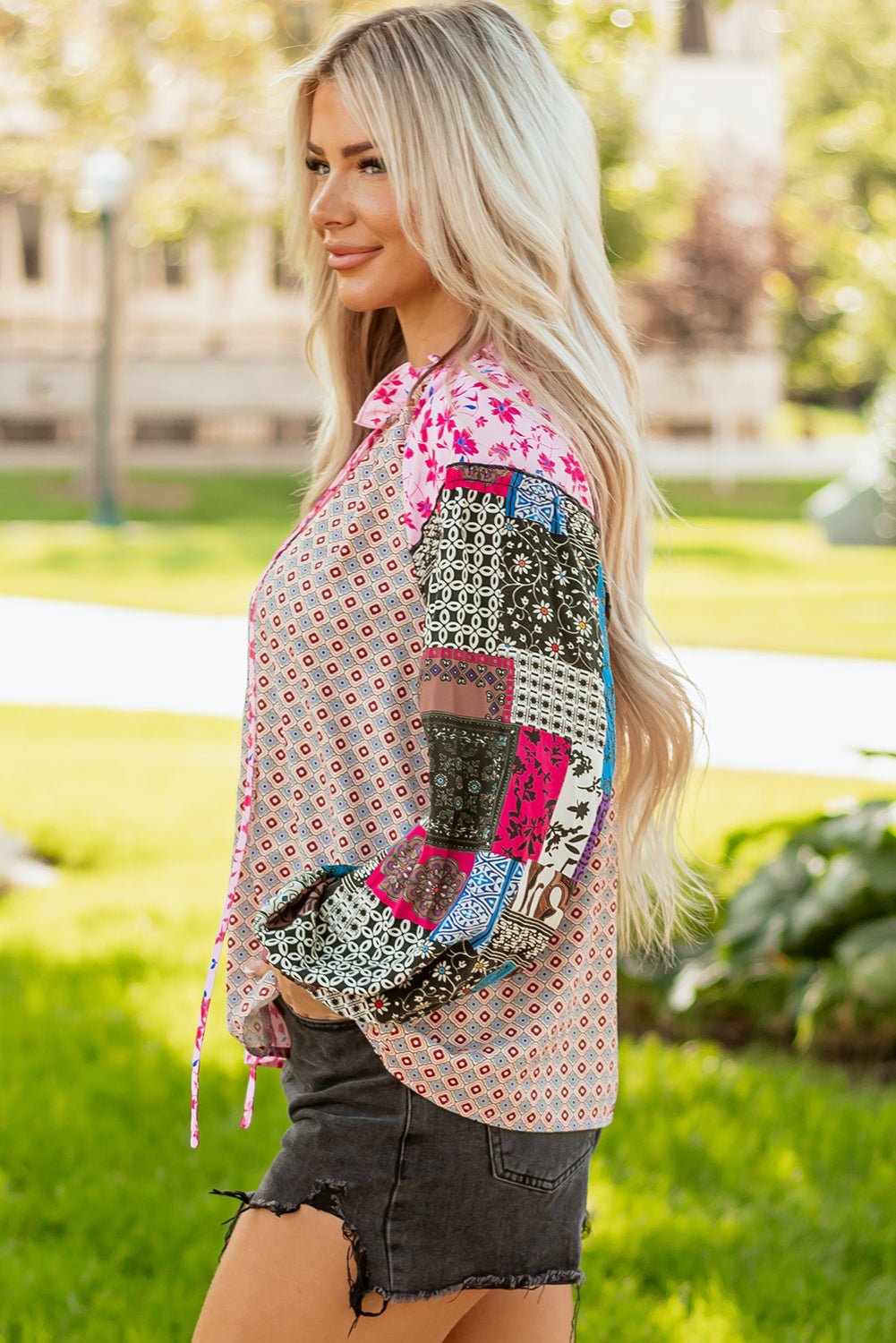 Pink Boho Mixed Floral Drop Shoulder Bubble Sleeve Blouse - Goddess Vibes