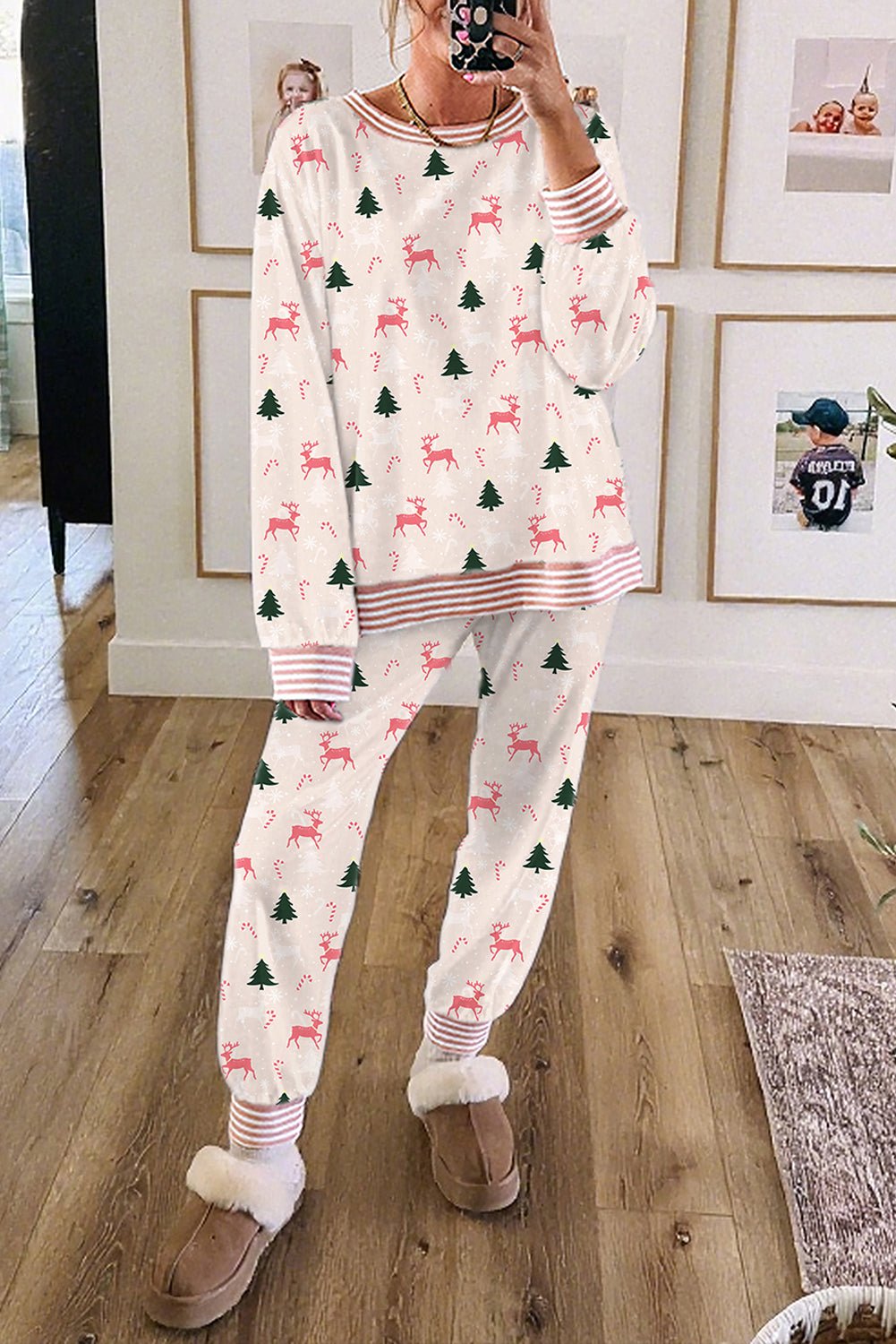 Pink Bow Christmas Tree Print Contrast Striped Banding 2pcs Lounge Set - Goddess Vibes
