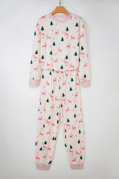 Pink Bow Christmas Tree Print Contrast Striped Banding 2pcs Lounge Set - Goddess Vibes