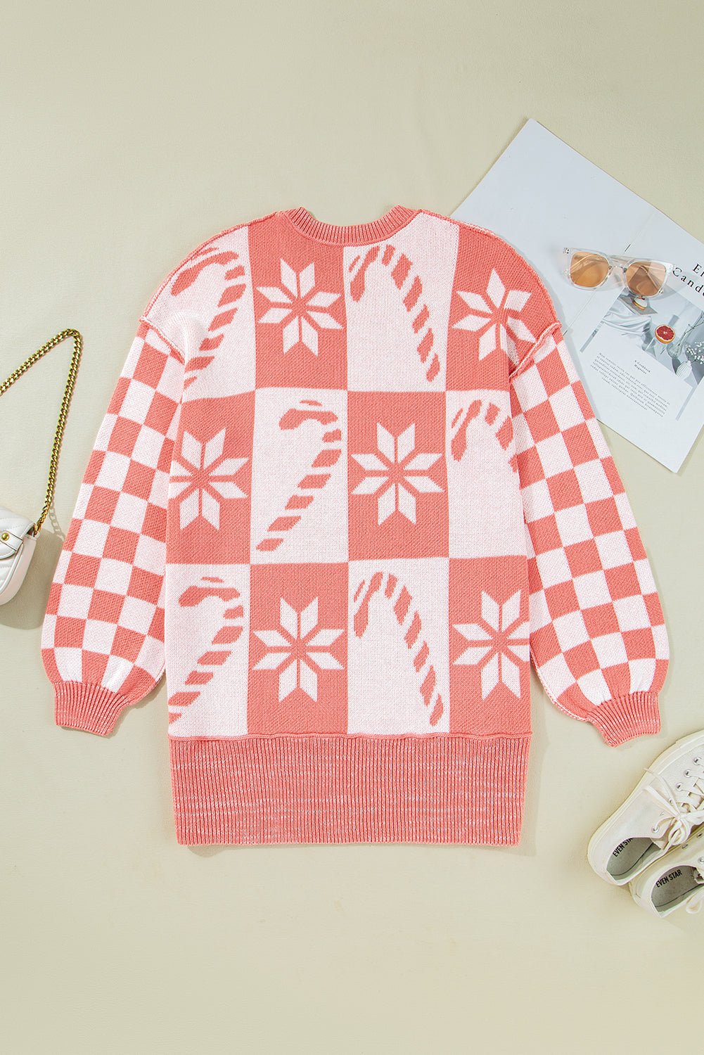 Pink Candycane Snowflake Checker Christmas Holiday Drop Shoulder Tunic Loose Sweater - Goddess Vibes
