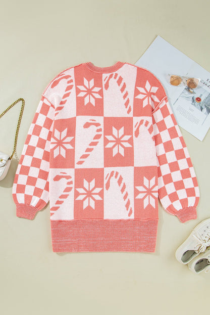Pink Candycane Snowflake Checker Christmas Holiday Drop Shoulder Tunic Loose Sweater - Goddess Vibes