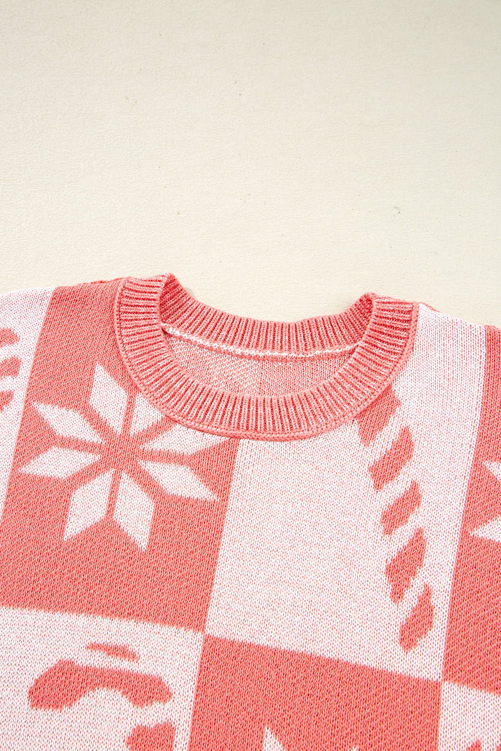 Pink Candycane Snowflake Checker Christmas Holiday Drop Shoulder Tunic Loose Sweater - Goddess Vibes