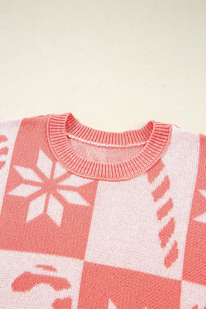 Pink Candycane Snowflake Checker Christmas Holiday Drop Shoulder Tunic Loose Sweater - Goddess Vibes