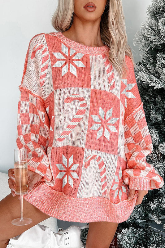 Pink Candycane Snowflake Checker Christmas Holiday Drop Shoulder Tunic Loose Sweater - Goddess Vibes