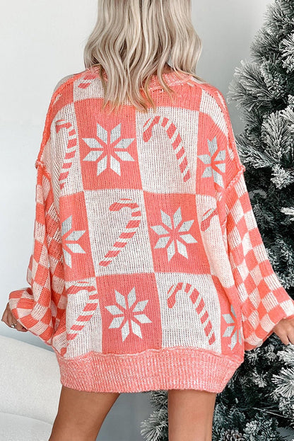 Pink Candycane Snowflake Checker Christmas Holiday Drop Shoulder Tunic Loose Sweater - Goddess Vibes