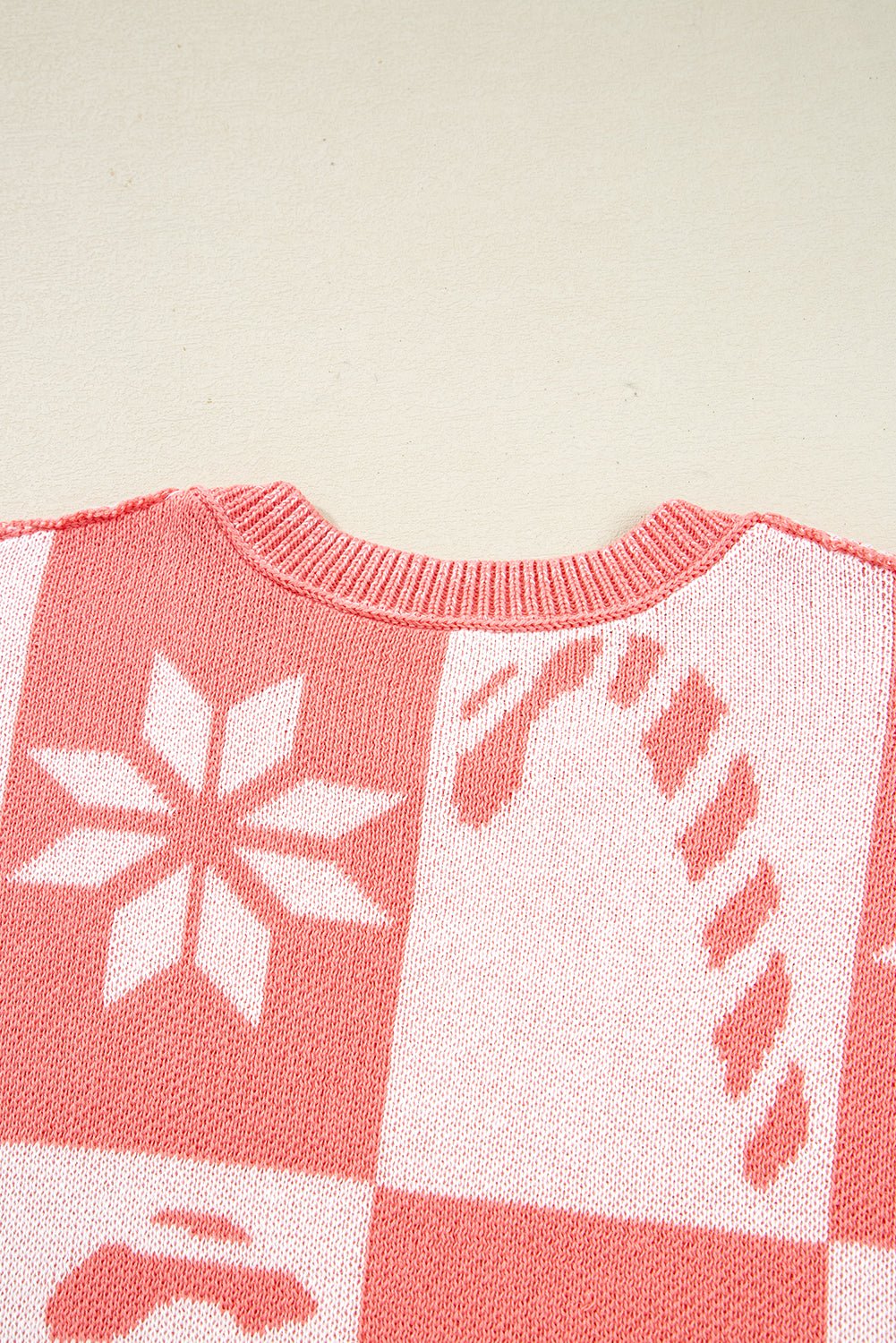 Pink Candycane Snowflake Checker Christmas Holiday Drop Shoulder Tunic Loose Sweater - Goddess Vibes