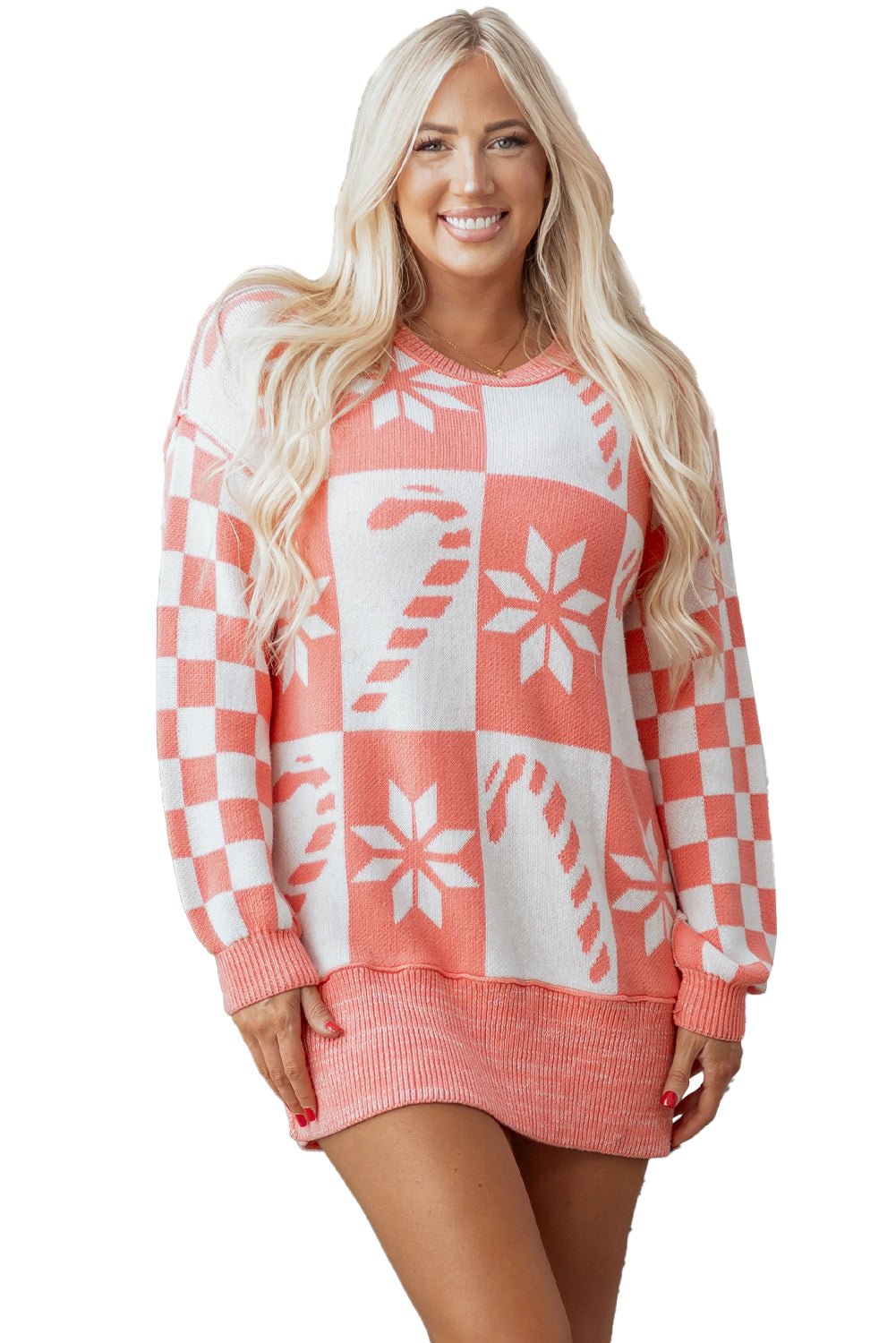 Pink Candycane Snowflake Checker Christmas Holiday Drop Shoulder Tunic Loose Sweater - Goddess Vibes