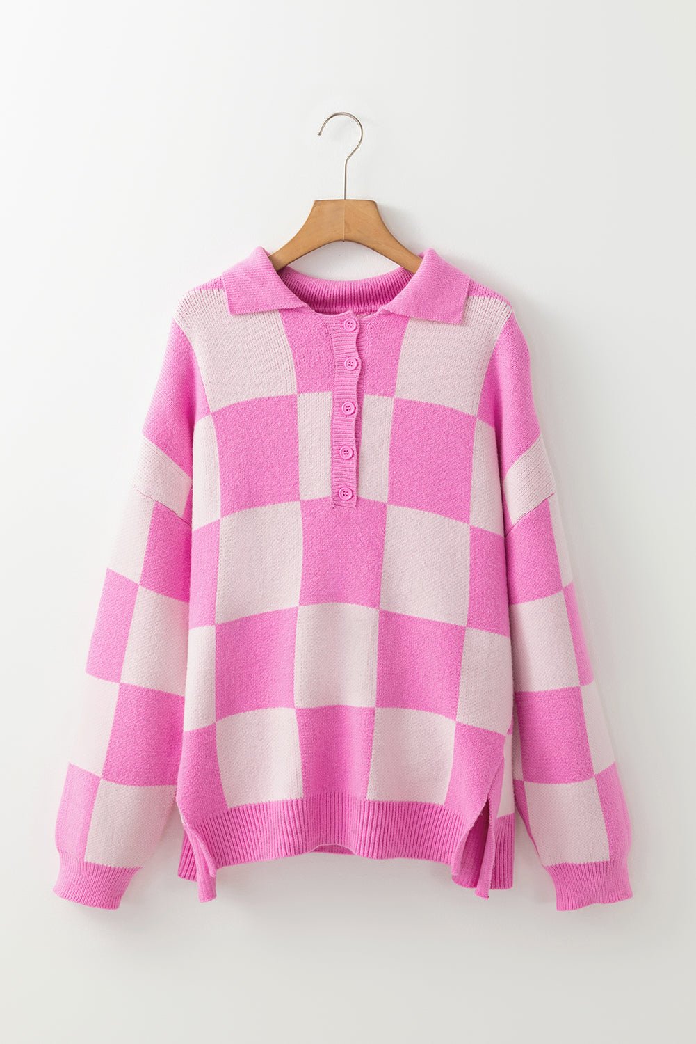 Pink Checkerboard Half Button Collared Drop Shoulder Sweater - Goddess Vibes