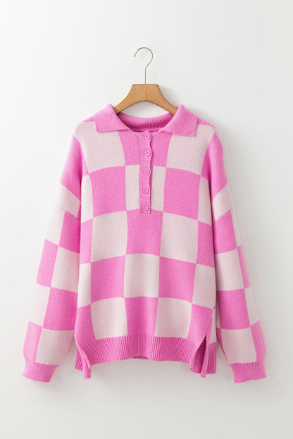 Pink Checkerboard Half Button Collared Drop Shoulder Sweater - Goddess Vibes