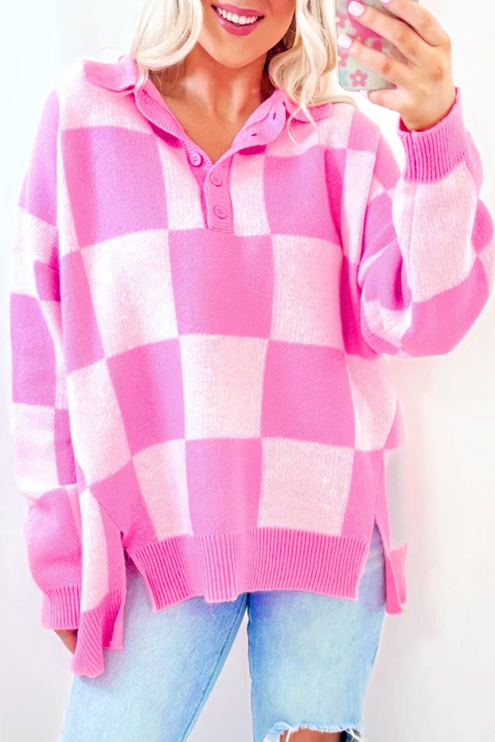 Pink Checkerboard Half Button Collared Drop Shoulder Sweater - Goddess Vibes