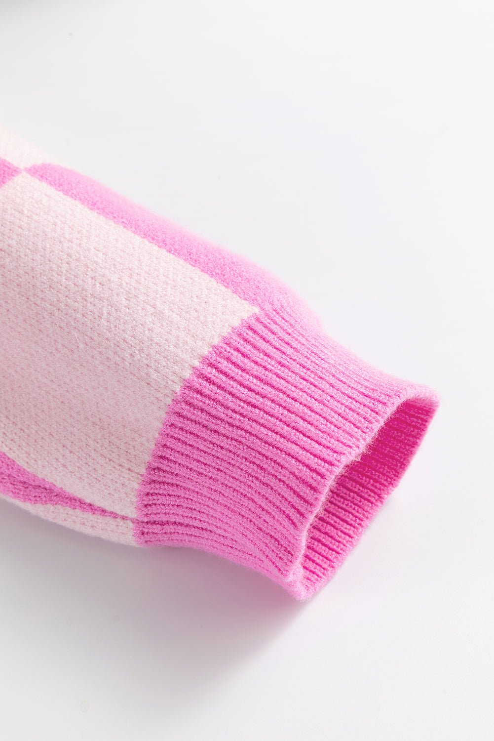 Pink Checkerboard Half Button Collared Drop Shoulder Sweater - Goddess Vibes