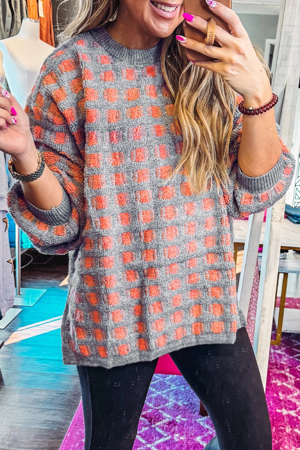 Pink Checkered Oversized Side Slit Sweater - Crowned Energy CO.