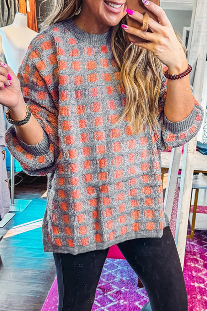 Pink Checkered Oversized Side Slit Sweater - Crowned Energy CO.