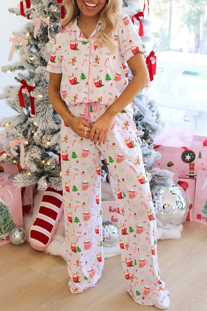 Pink Christmas Spirit Cute Holiday Print Short Sleeve Shirt and Pants 2pcs Pajama Set - Goddess Vibes