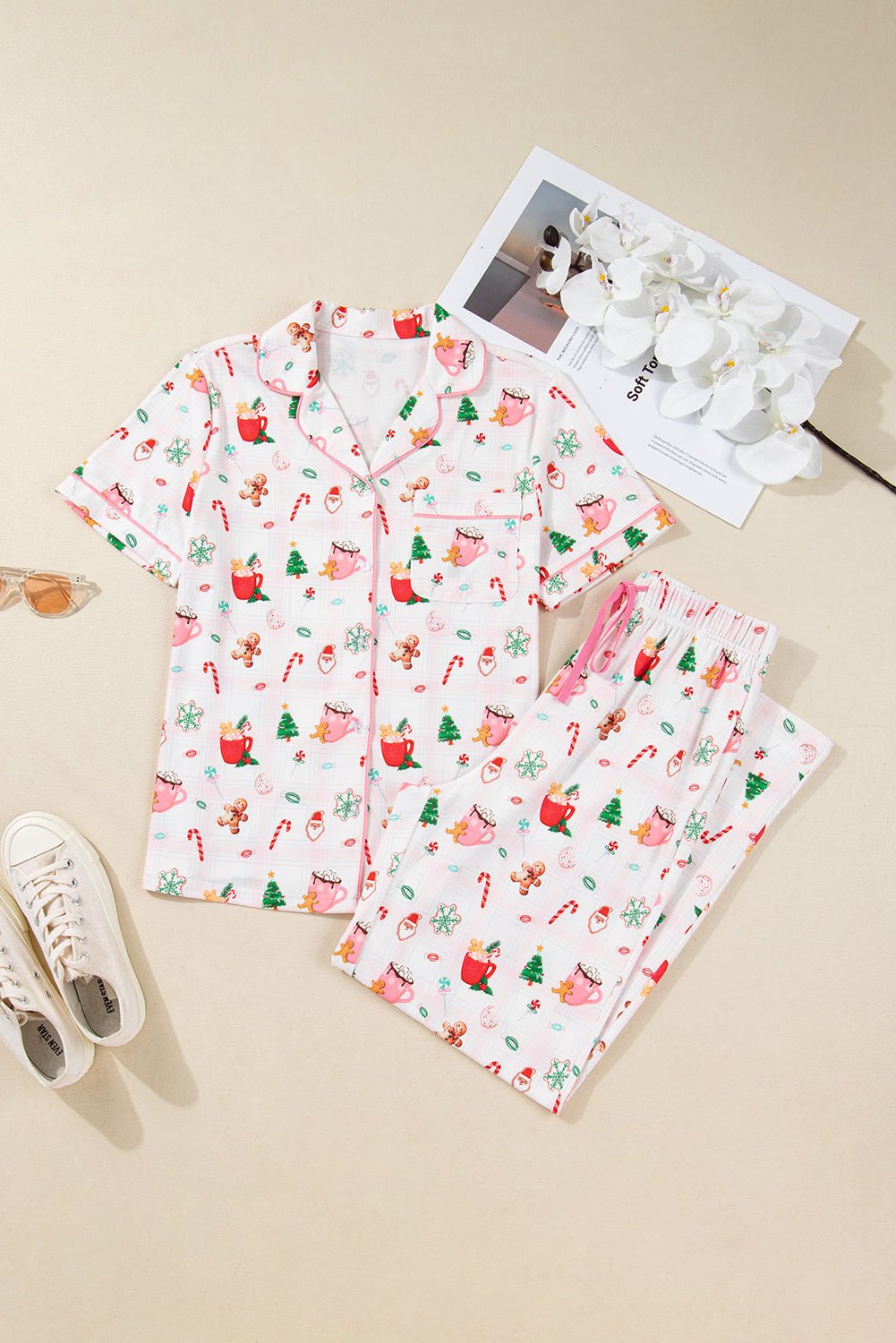 Pink Christmas Spirit Cute Holiday Print Short Sleeve Shirt and Pants 2pcs Pajama Set - Goddess Vibes