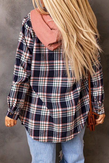Pink Contrast Hooded Drawstring Plaid Shacket - Goddess Vibes