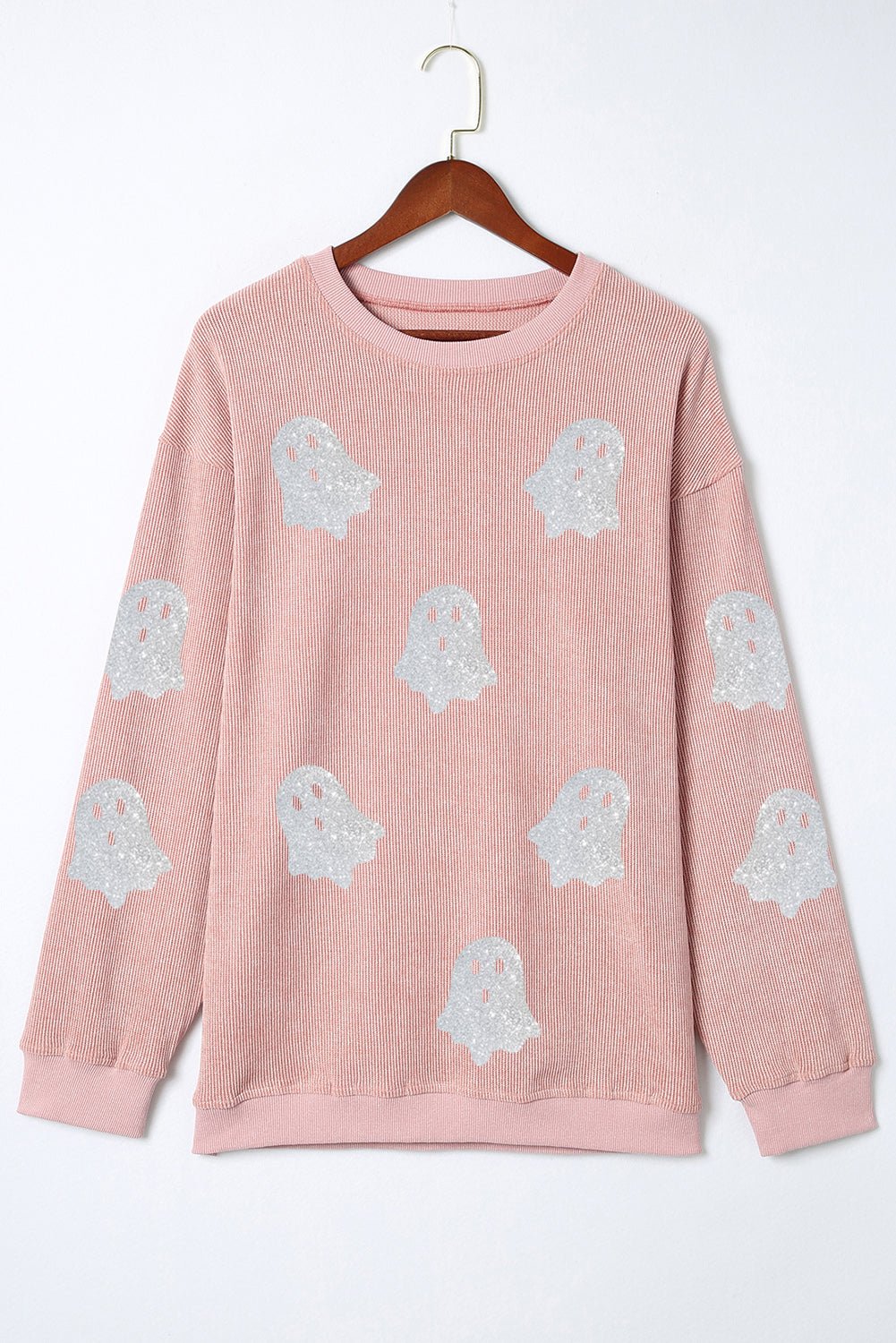 Pink Halloween Ghost Corded Crew Neck Loose Sweatshirt - Goddess Vibes