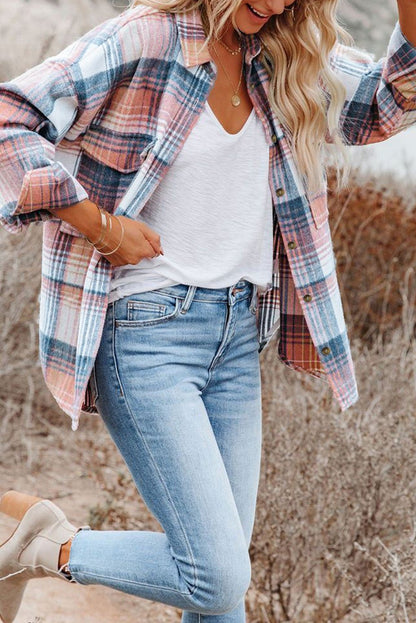 Pink Plaid Flap Pockets Shacket - Goddess Vibes