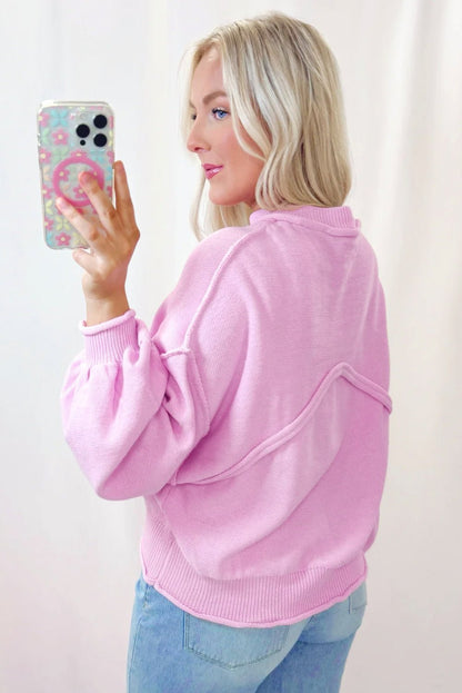Pink Raw Edge Ribbed Detail Drop Shoulder Sweater - Goddess Vibes