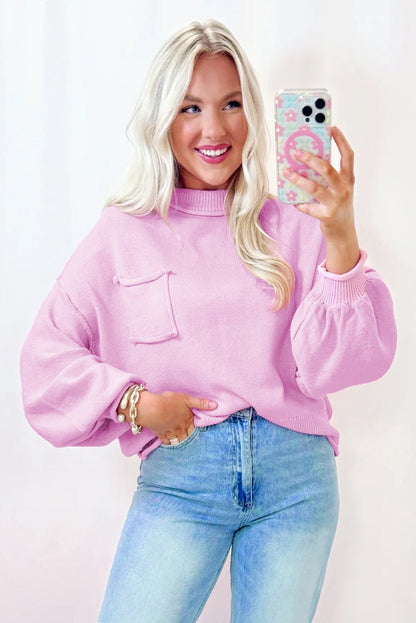 Pink Raw Edge Ribbed Detail Drop Shoulder Sweater - Goddess Vibes