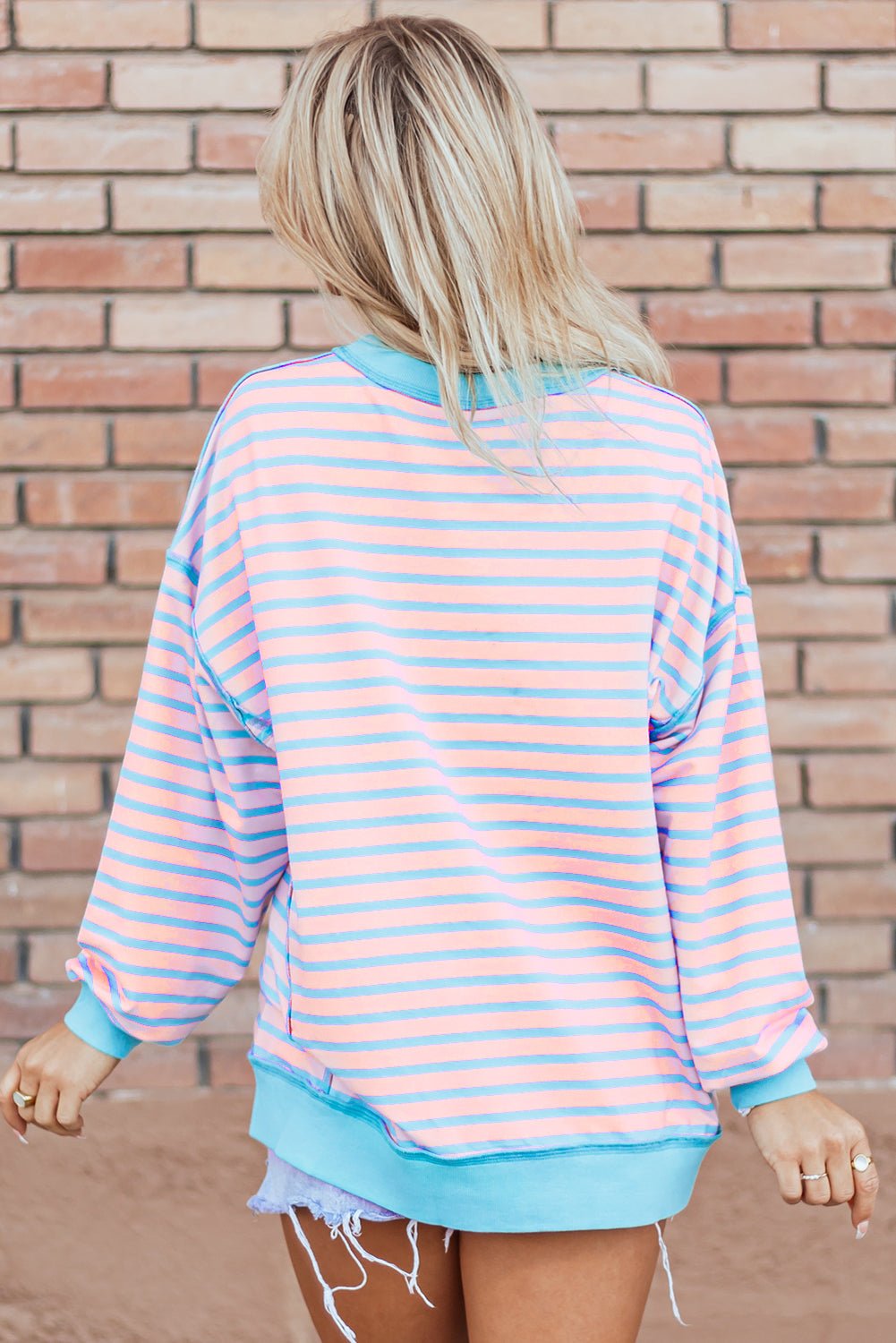 Pink Stripe Contrast Trim High Low Pullover Tunic Sweatshirt - Goddess Vibes
