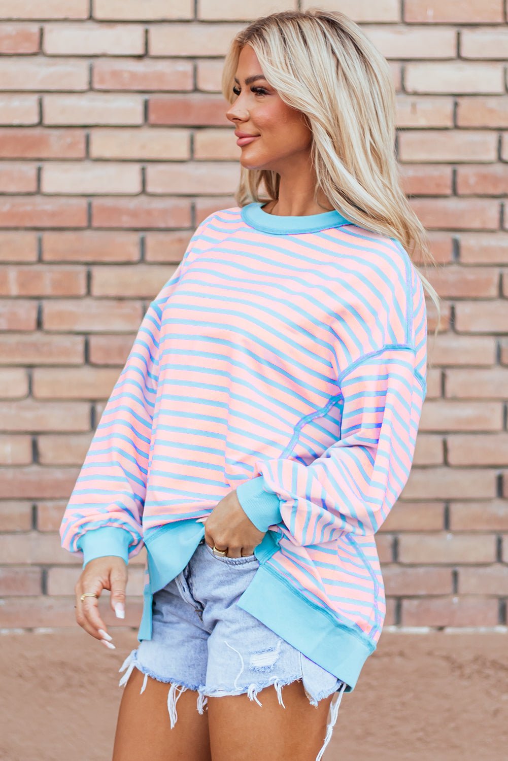 Pink Stripe Contrast Trim High Low Pullover Tunic Sweatshirt - Goddess Vibes