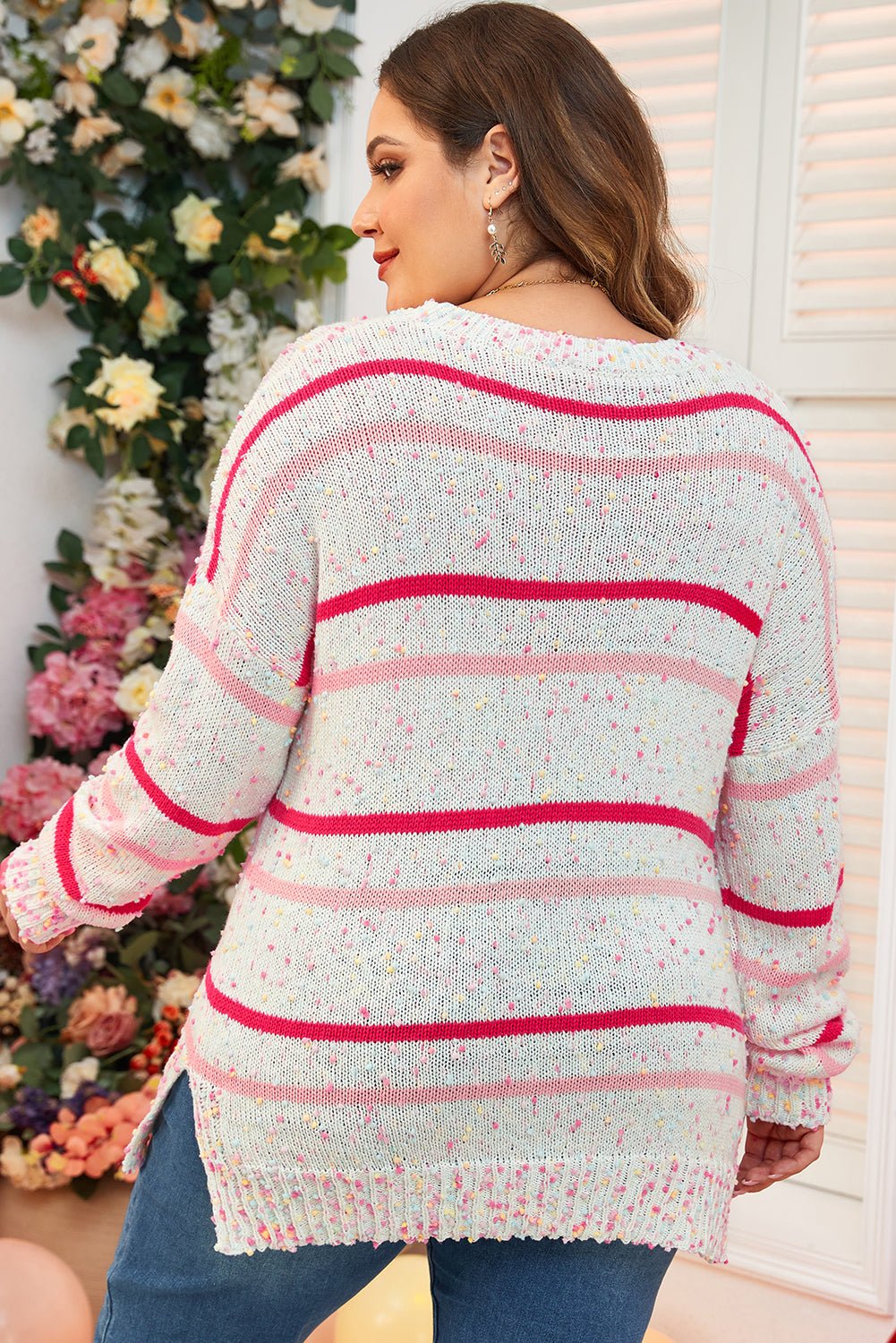 Pink Stripe Drop Shoulder Side Split Plus Size Sweater - Goddess Vibes